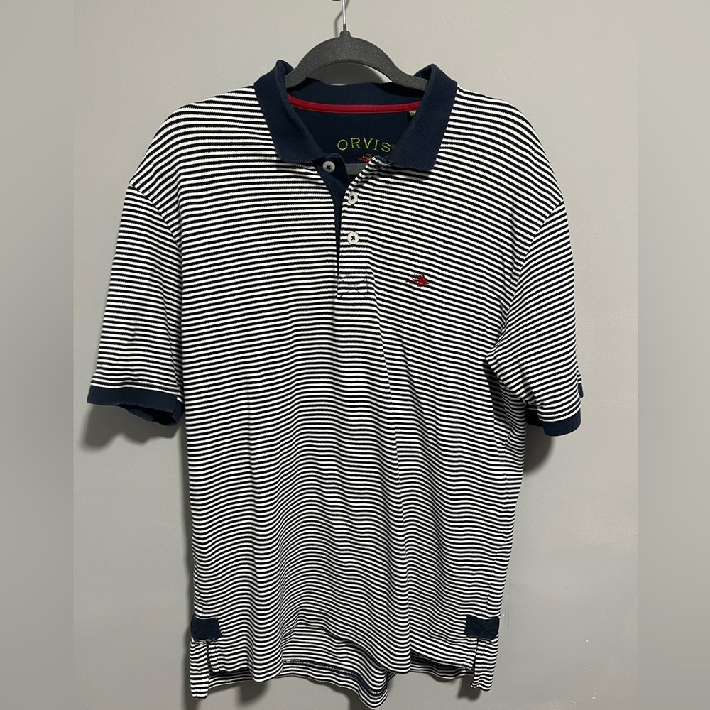 ORVIS- Men’s navy and white striped polo. Size L